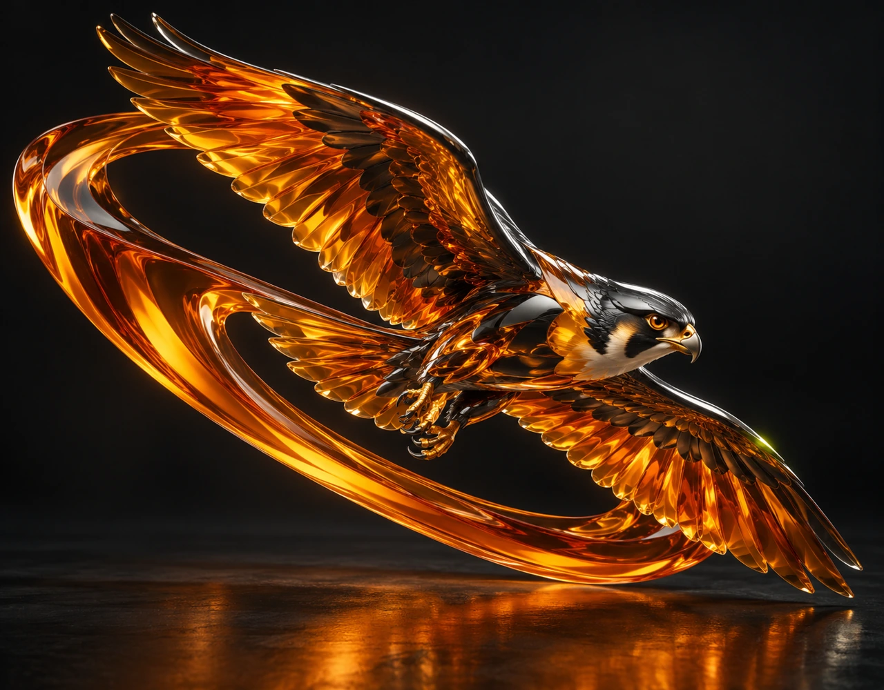 Original editorial illustration for FLUX 3 Max: an amber glass and black chrome falcon banking through a flowing orange motion arc against charcoal.