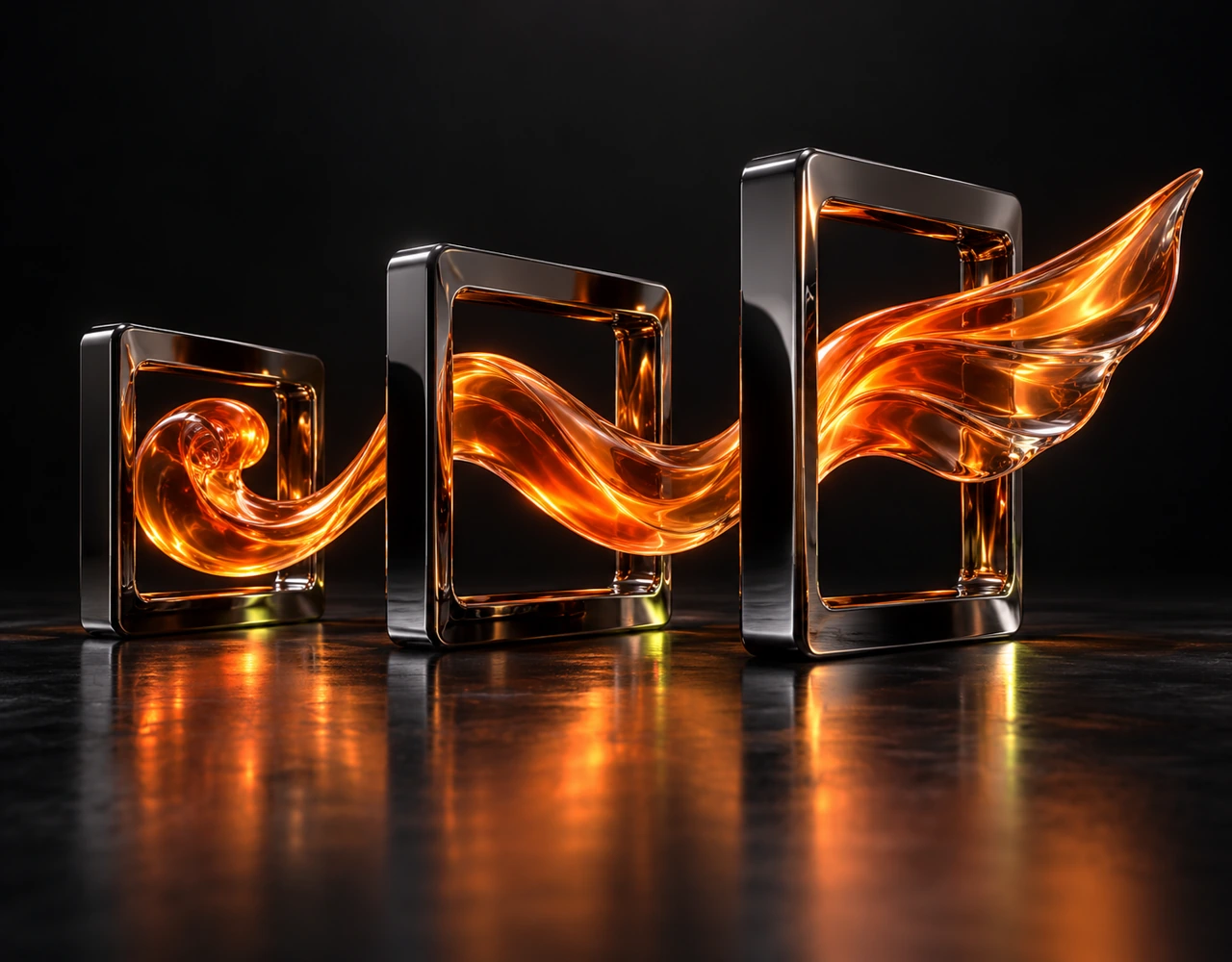 Original editorial illustration for FLUX 3 Max Keyframes to Video: one amber glass ribbon flowing through three staggered black chrome frames.