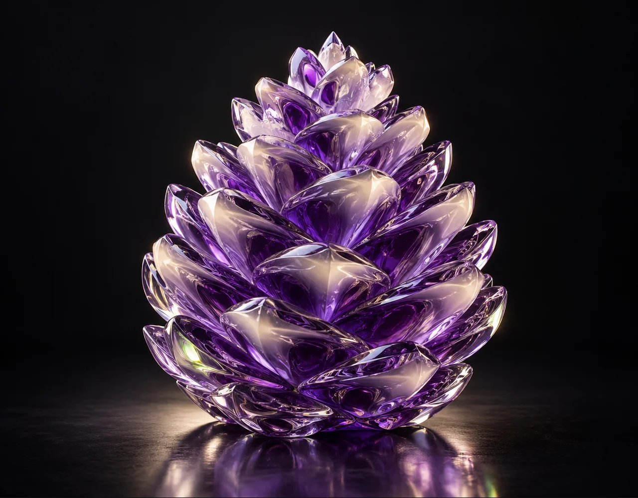 Qwen-Image-2.0-Pro editorial cover: a precisely layered violet optical pinecone with cream reflections
