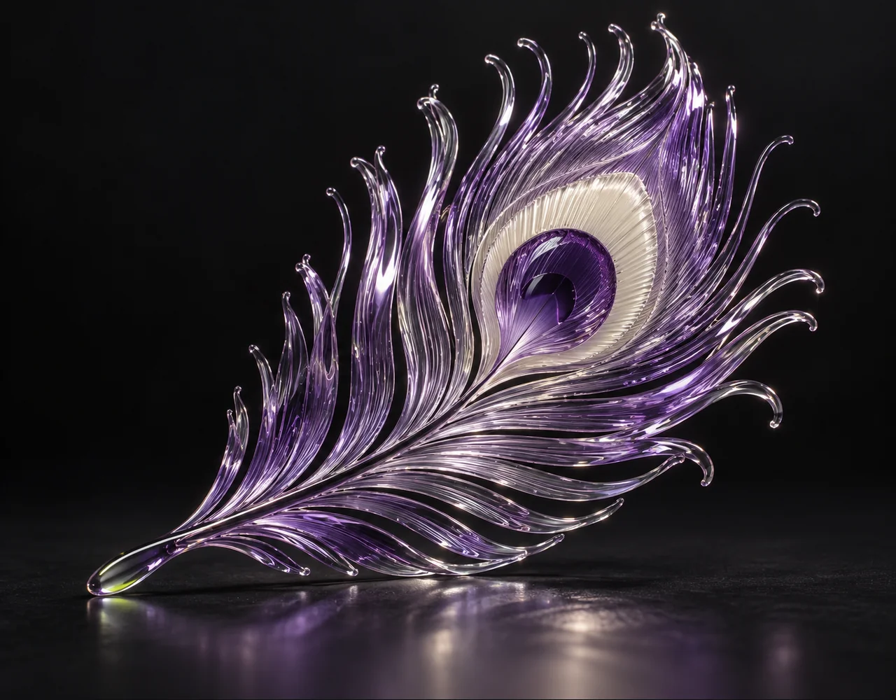 Qwen-Image-3.0-Pro editorial cover: a violet glass peacock feather with a precise cream optical eye