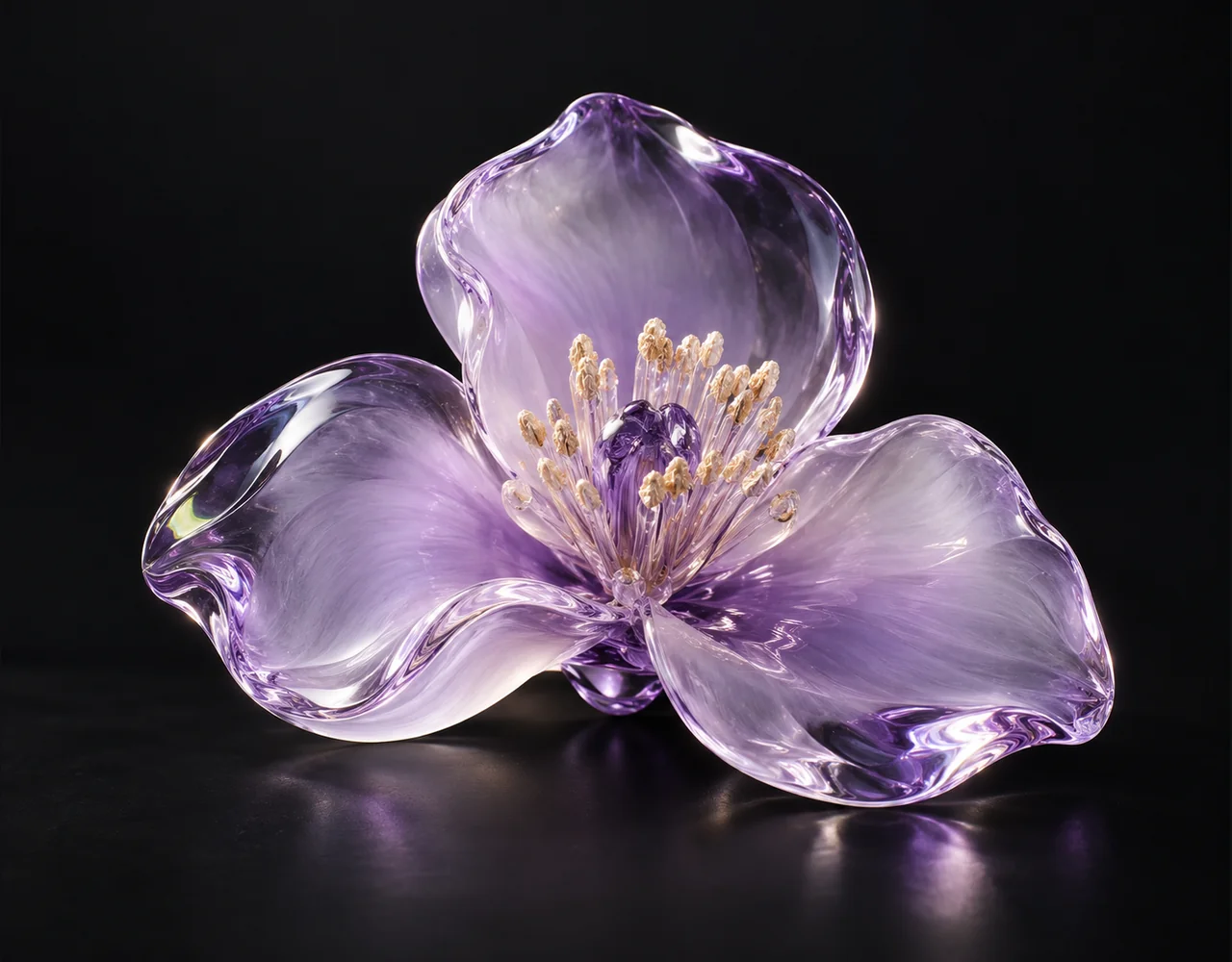 Qwen-Image-3.0 editorial cover: a violet glass camellia with three broad lilac translucent petals