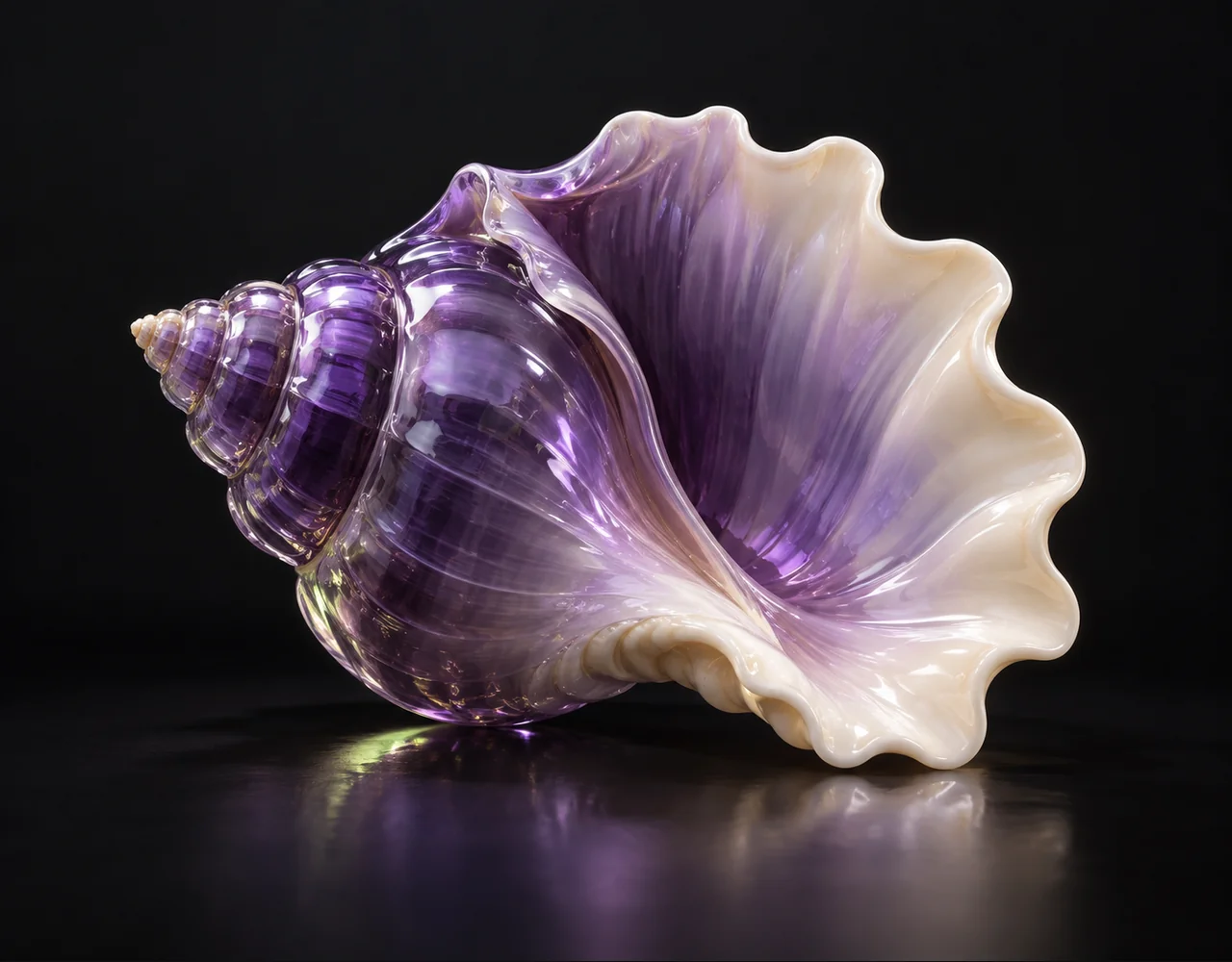 Qwen-Image-Edit-Plus editorial cover: a violet optical seashell whose outer rim seamlessly transitions to cream ceramic