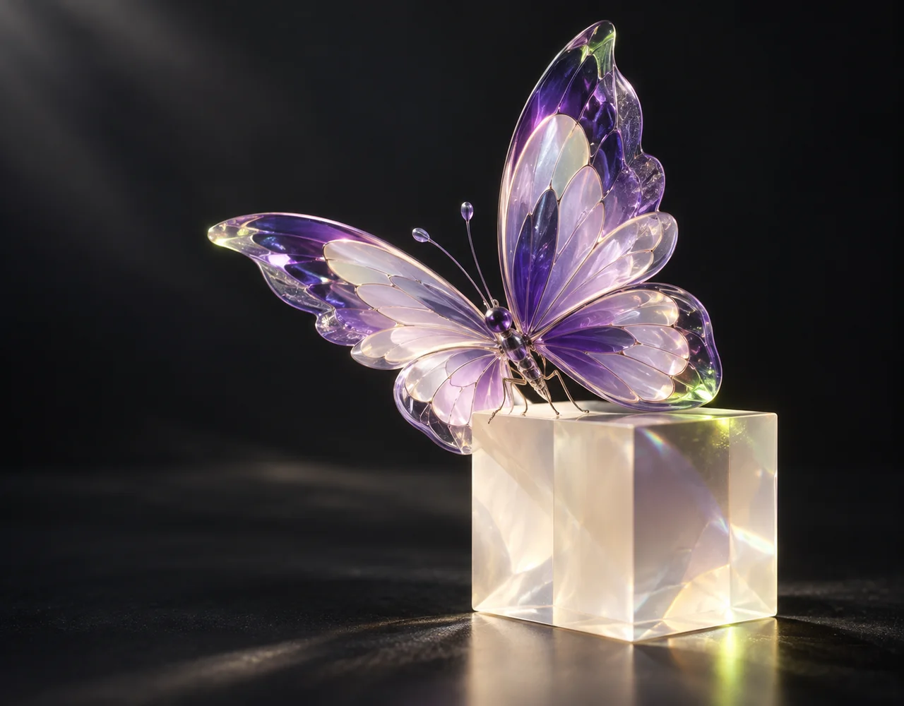 Qwen-Image-2.1-Pro editorial cover: a violet glass butterfly perched on a cream optical cube, crisply separated iridescent wing layers