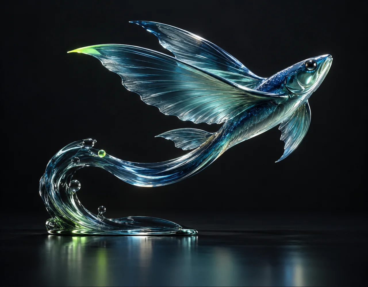HappyHorse 1.1 editorial cover: a sculptural flying fish following one continuous elegant motion curve, suspended over a single flat satin plane