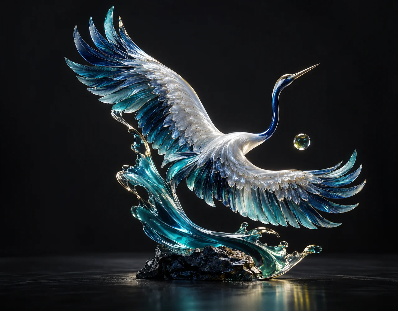 HappyHorse editorial cover: a sweeping crane wing following one continuous elegant motion curve, centred beside one small optical droplet