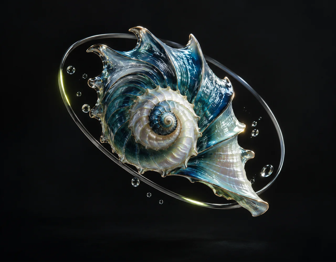 Qwen Image 2.1 editorial cover: a tactile spiral seashell, floating within a thin offset optical ring