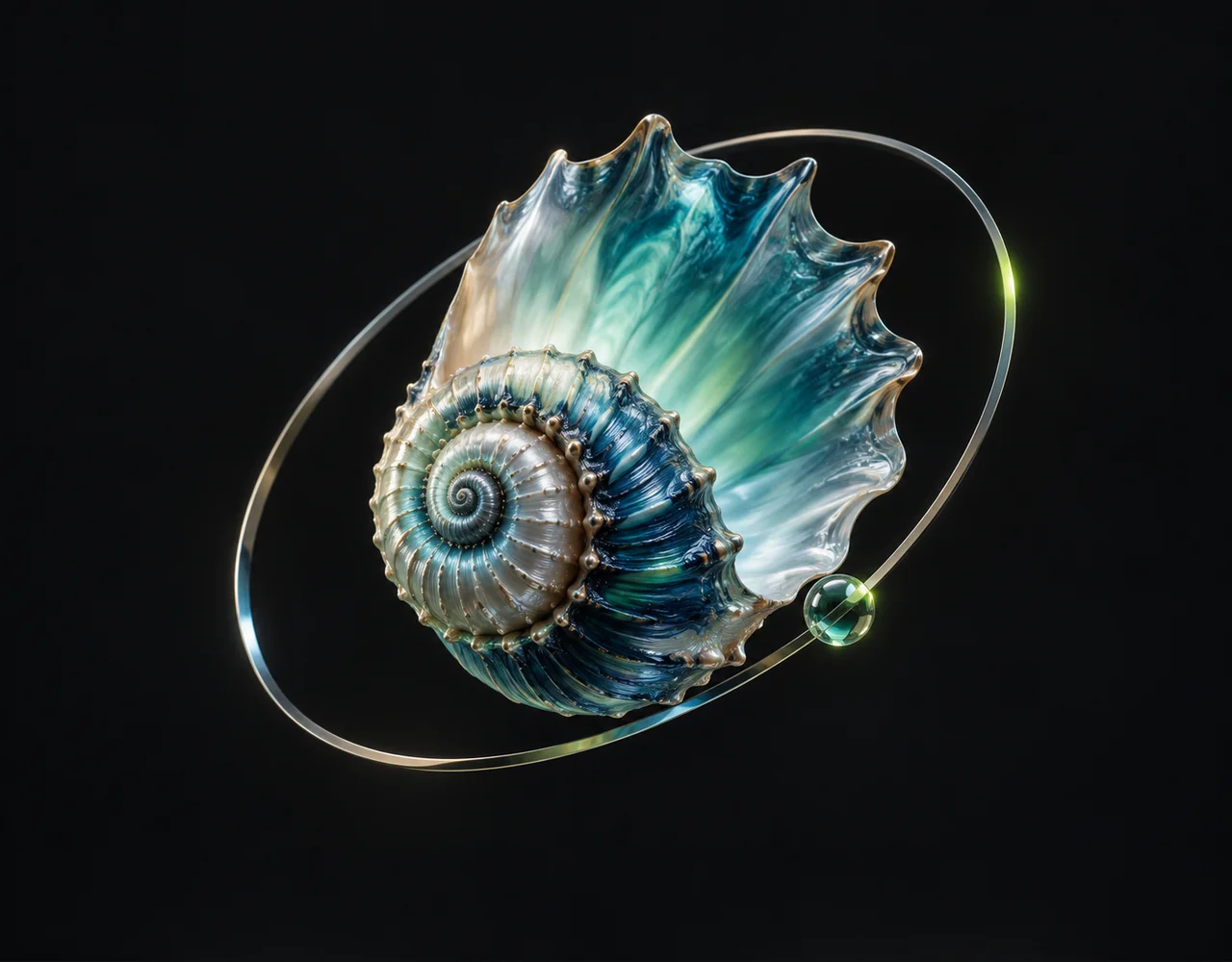 Qwen Image 2 editorial cover: a tactile spiral seashell, floating within a thin offset optical ring