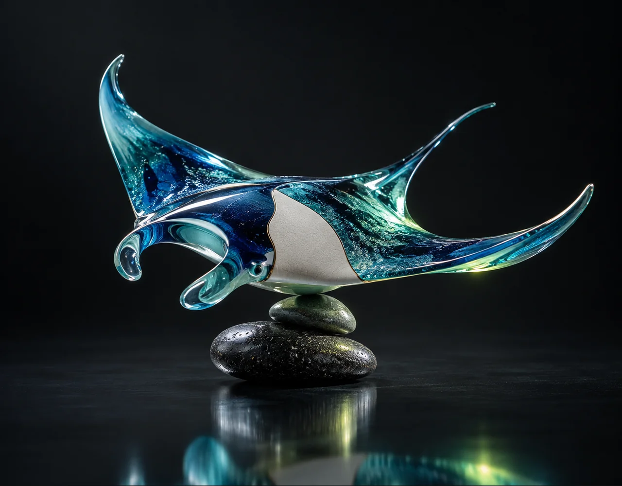 Qwen Image Edit 2509 Multiple Angles editorial cover: a flowing glass manta with one precisely fitted contrasting ceramic replacement section, balanced over two low contrasting pebbles