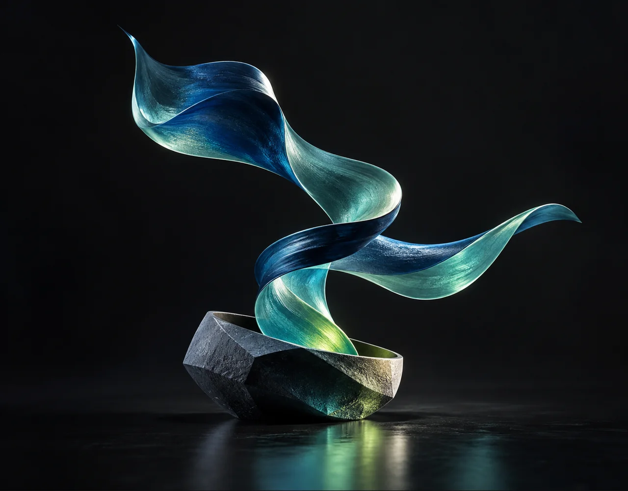 Wan 2.1 14B Vace editorial cover: a folded cinematic ribbon following one continuous elegant motion curve, arising from a low geometric vessel
