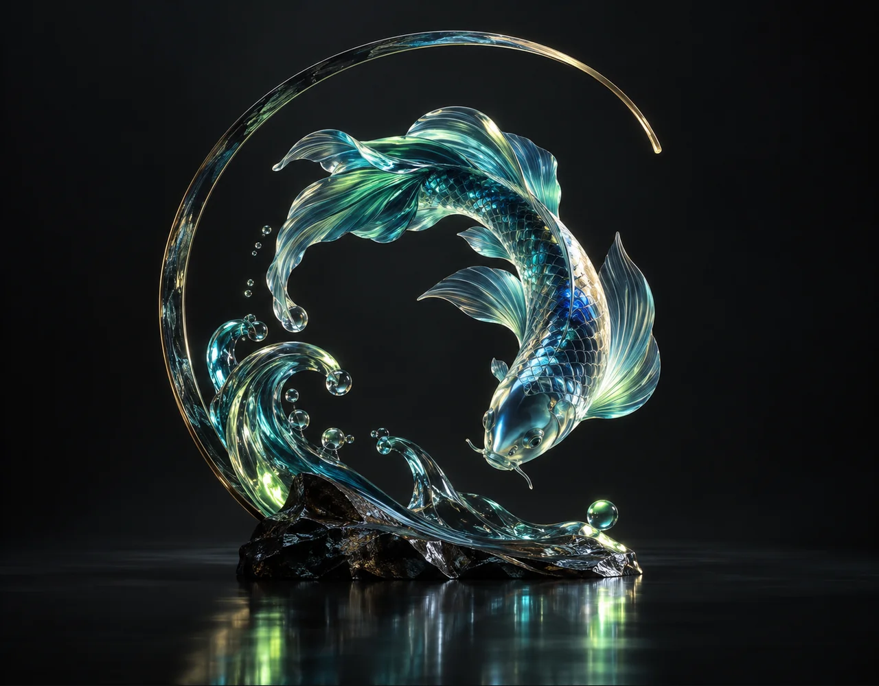 Wan 2.1 editorial cover: a glass koi following one continuous elegant motion curve, framed by one incomplete slender arch