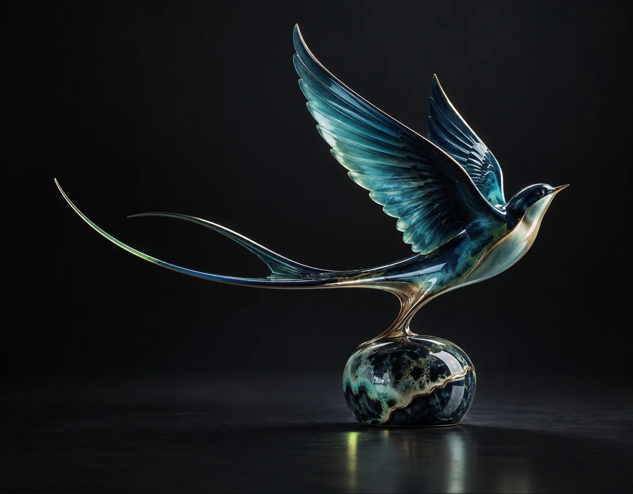 Wan 2.2 editorial cover: a sculptural swallow following one continuous elegant motion curve, balanced on a small contrasting ceramic plinth