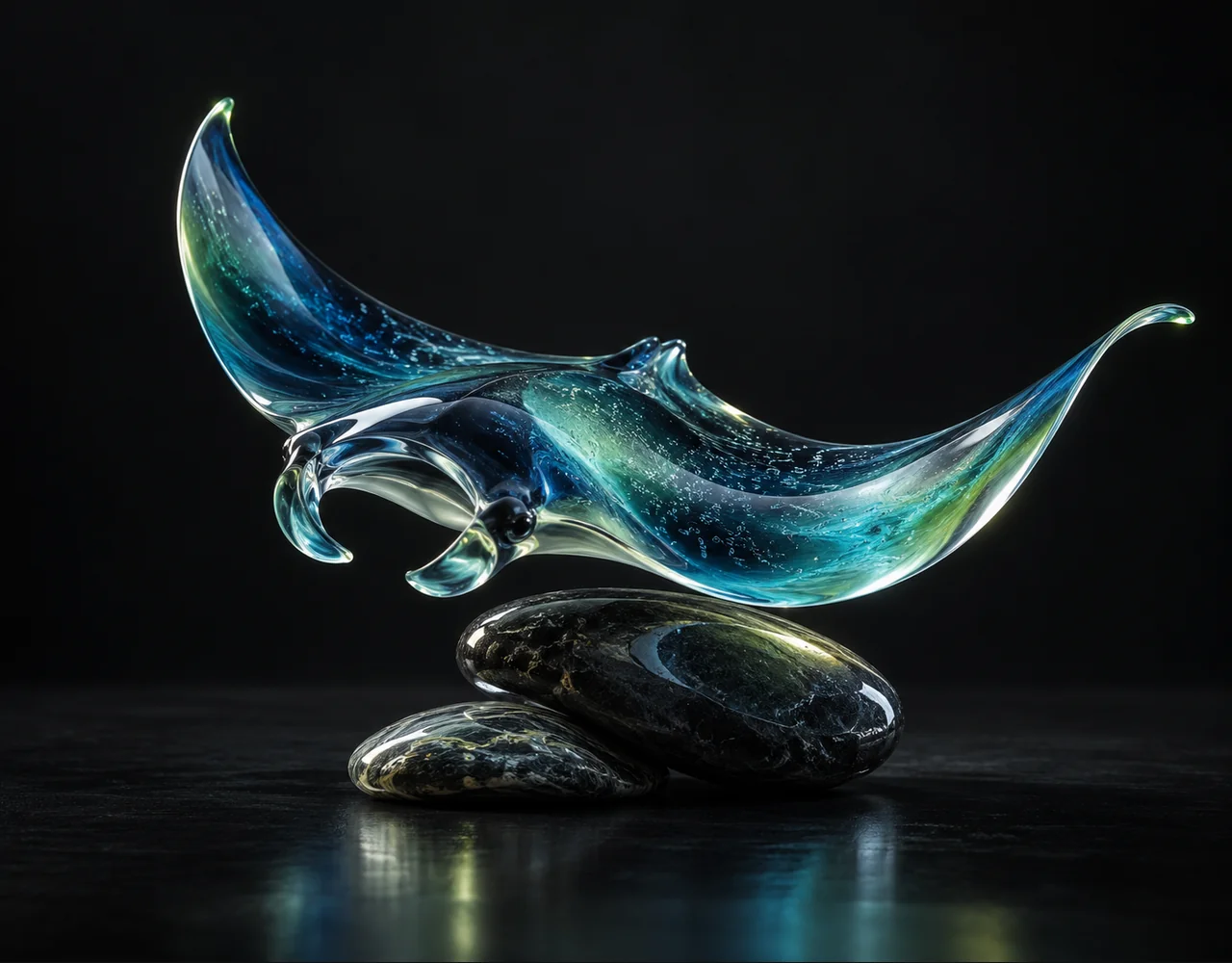 Wan 2.5 Preview editorial cover: a tactile flowing glass manta, balanced over two low contrasting pebbles