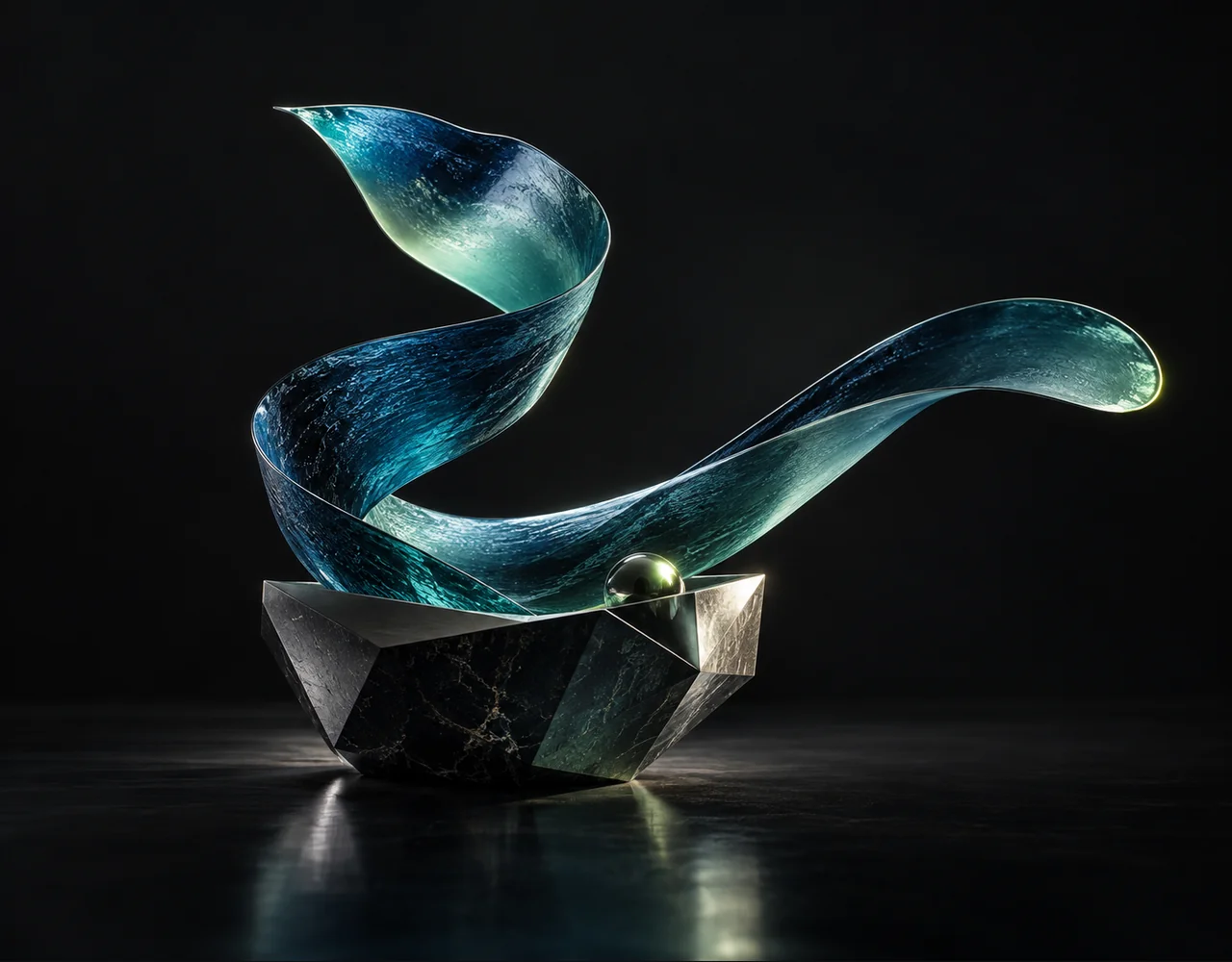 Wan 2.5 Preview editorial cover: a folded cinematic ribbon following one continuous elegant motion curve, arising from a low geometric vessel