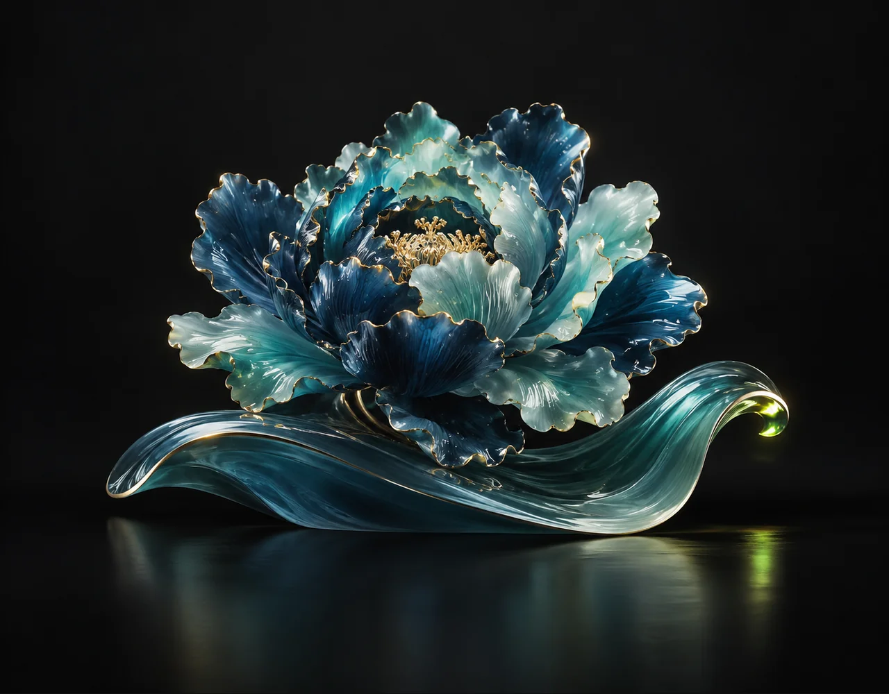 Z Image editorial cover: a tactile sculptural peony, resting above one soft sculptural ripple