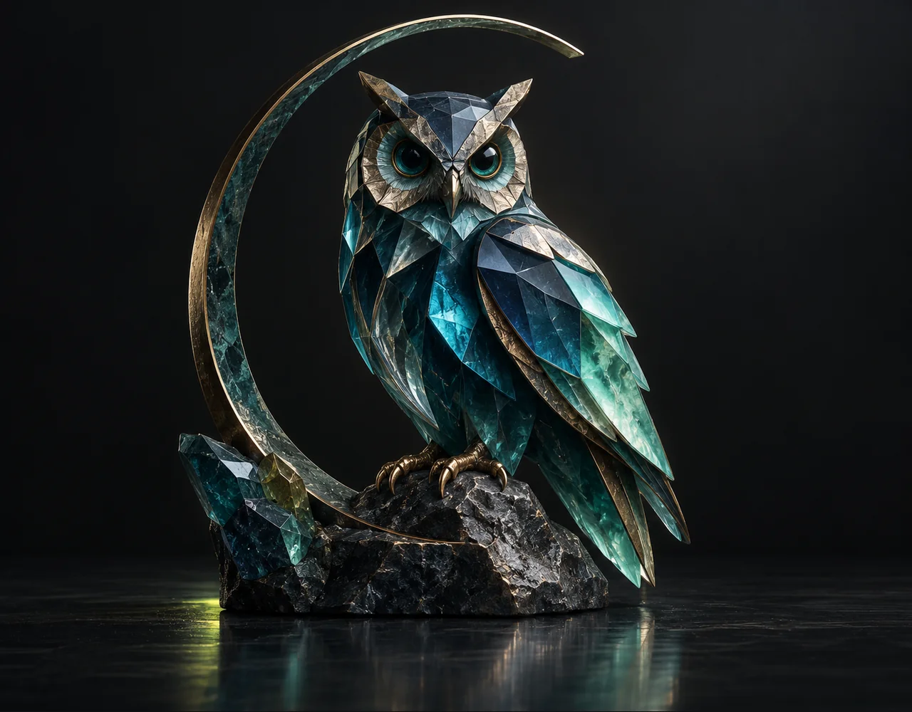 Z Image Turbo editorial cover: a tactile faceted owl, framed by one incomplete slender arch