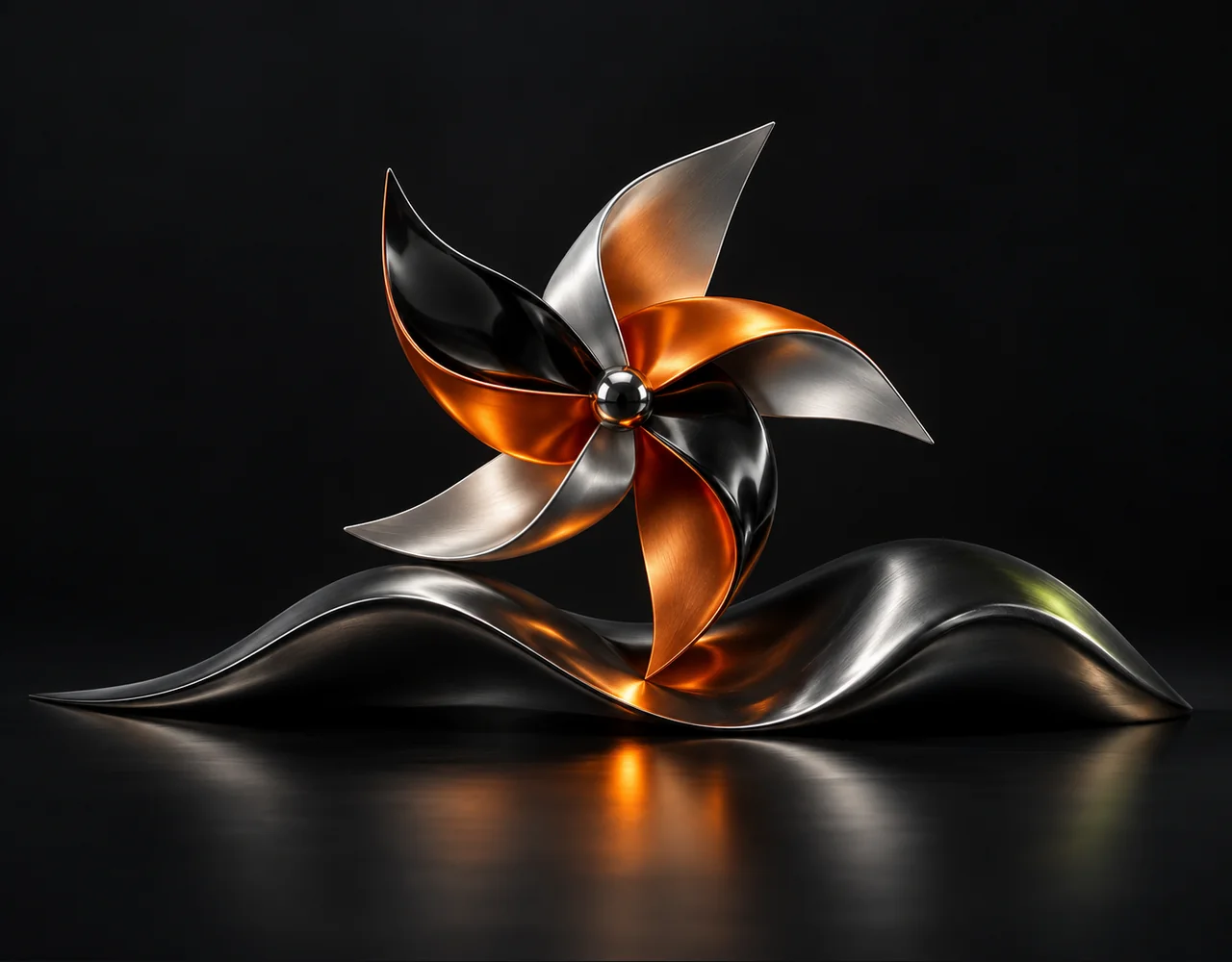 FLUX 1 PuLID editorial cover: a tactile satin pinwheel, resting above one soft sculptural ripple
