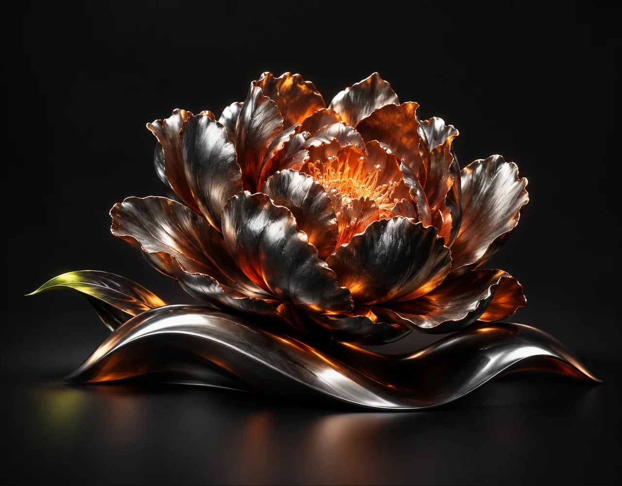 FLUX 1 Redux Dev editorial cover: a tactile sculptural peony, resting above one soft sculptural ripple
