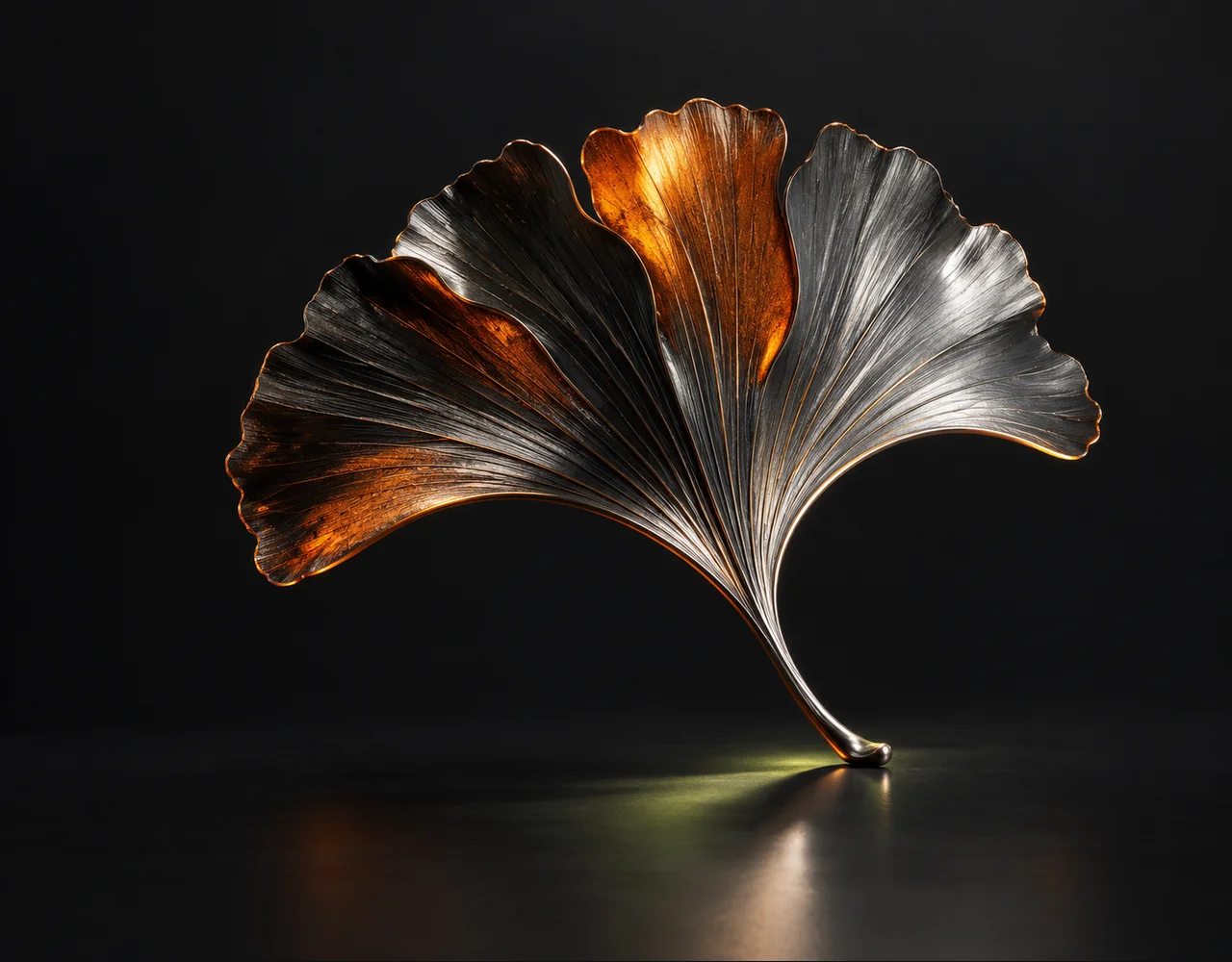 FLUX 1 SRPO editorial cover: a tactile layered ginkgo leaf, suspended over a single flat satin plane