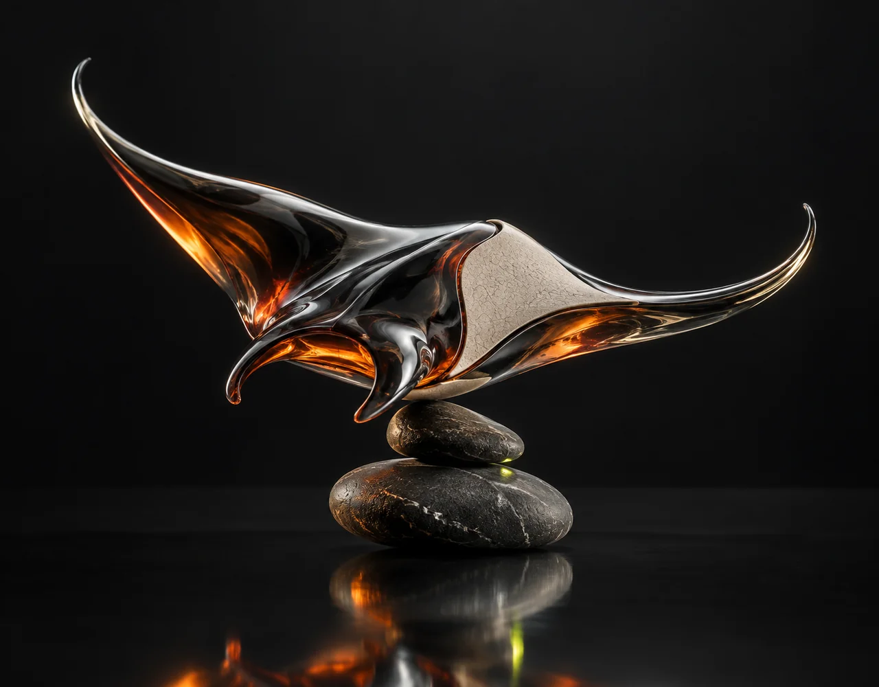 FLUX Erase editorial cover: a flowing glass manta with one precisely fitted contrasting ceramic replacement section, balanced over two low contrasting pebbles