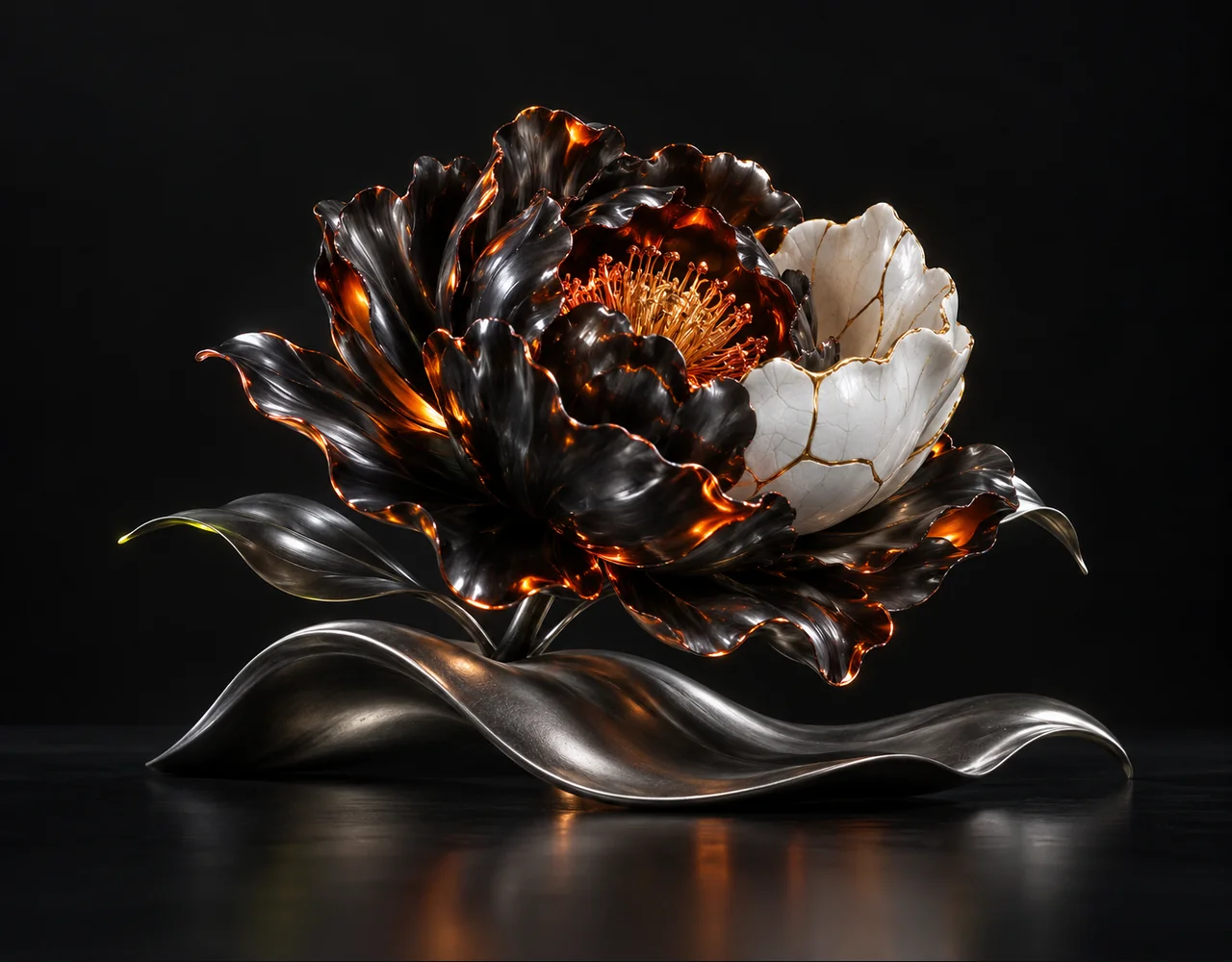 FLUX Video Edit Fast editorial cover: a sculptural peony with one precisely fitted contrasting ceramic replacement section, resting above one soft sculptural ripple