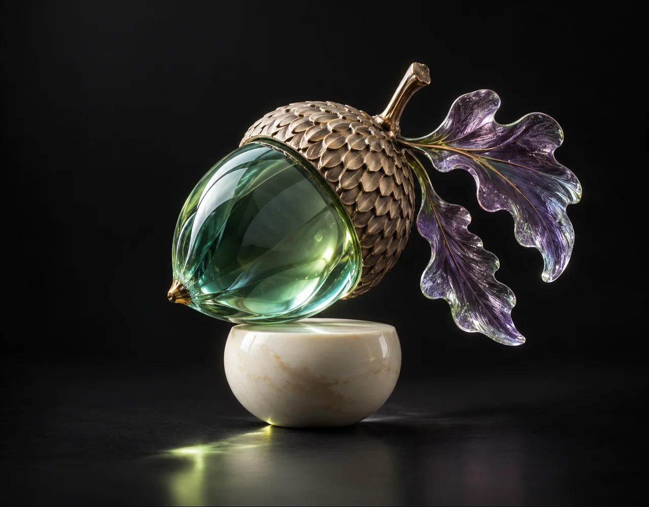 Bria Ad Delayer editorial cover: a tactile sculptural acorn, balanced on a small contrasting ceramic plinth