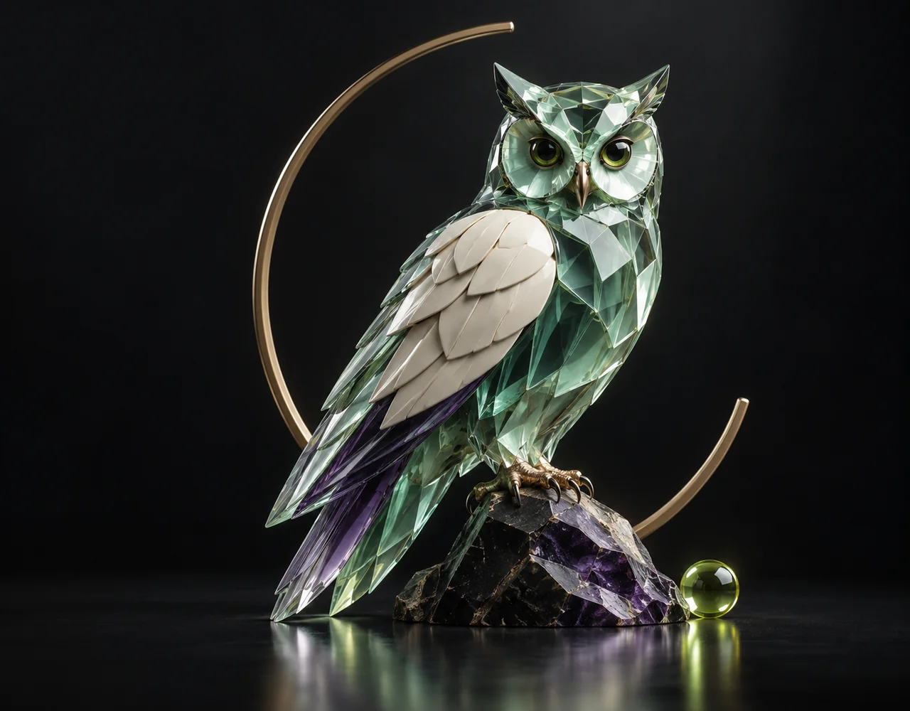 Bria Fibo Edit 1.5 editorial cover: a faceted owl with one precisely fitted contrasting ceramic replacement section, framed by one incomplete slender arch