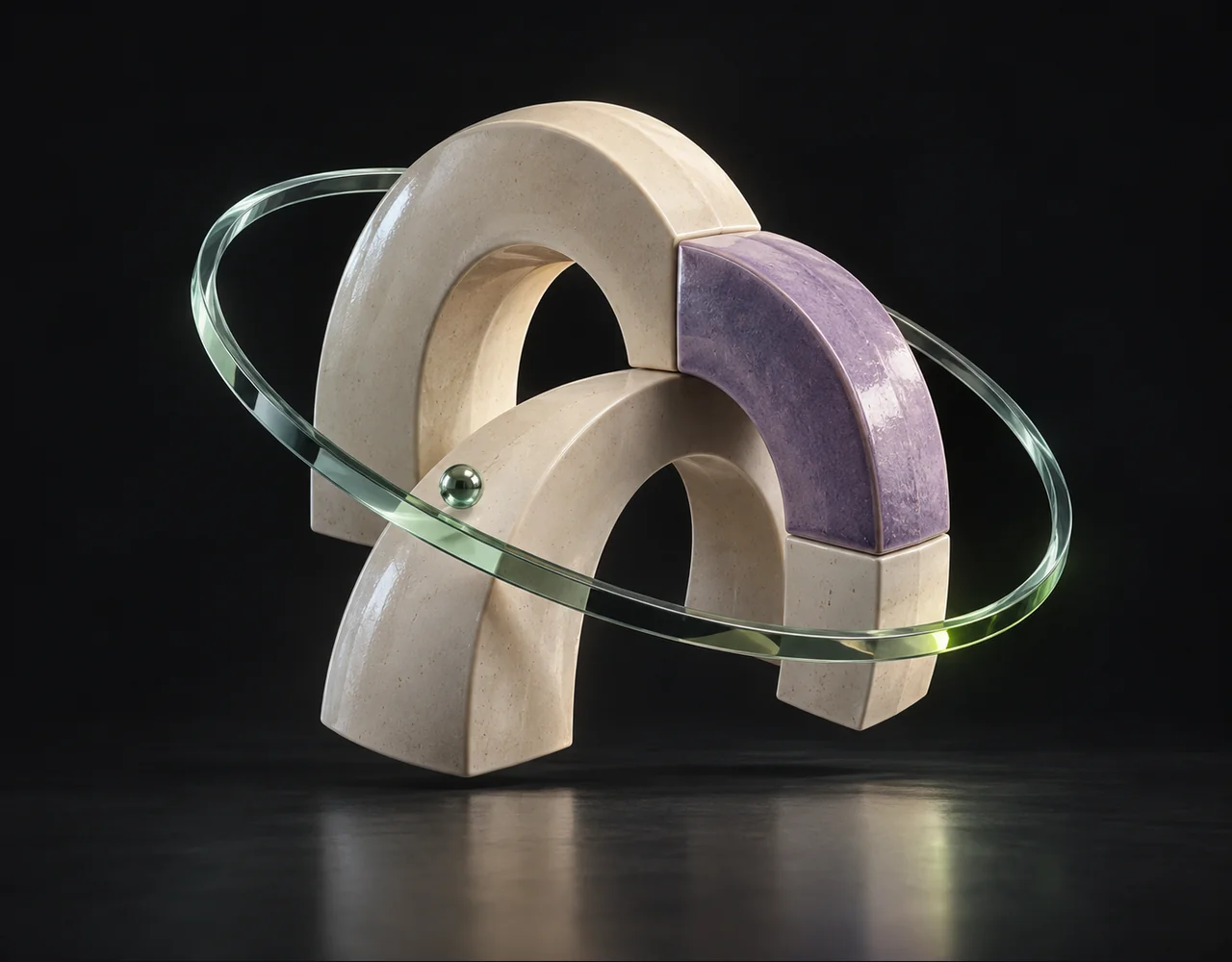 Bria Fibo Edit Tools editorial cover: a interlocking ceramic arches with one precisely fitted contrasting ceramic replacement section, floating within a thin offset optical ring