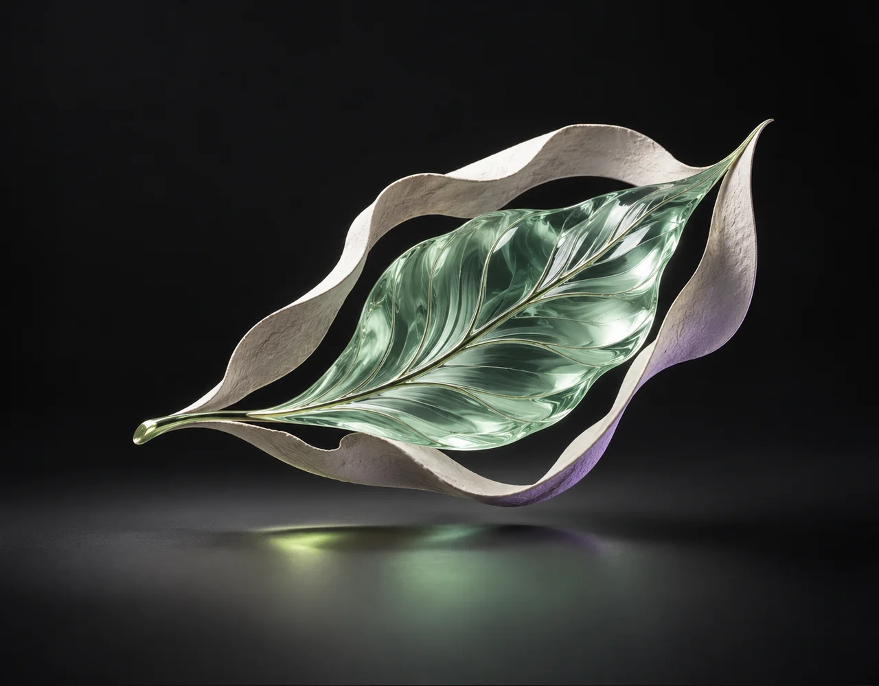 Bria Generate Background editorial cover: a precise sculptural leaf separated from a thin surrounding paper silhouette, suspended over a single flat satin plane
