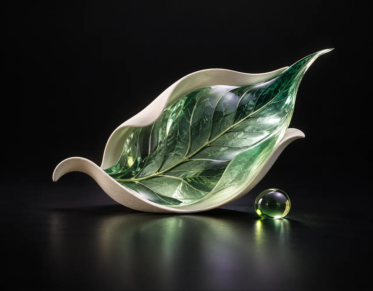 Bria Remove Background editorial cover: a precise sculptural leaf separated from a thin surrounding paper silhouette, centred beside one small optical droplet