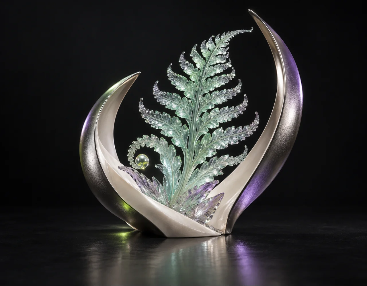 Bria Virtual Try On editorial cover: a tactile crystalline fern, embraced by two quiet curved metallic fins