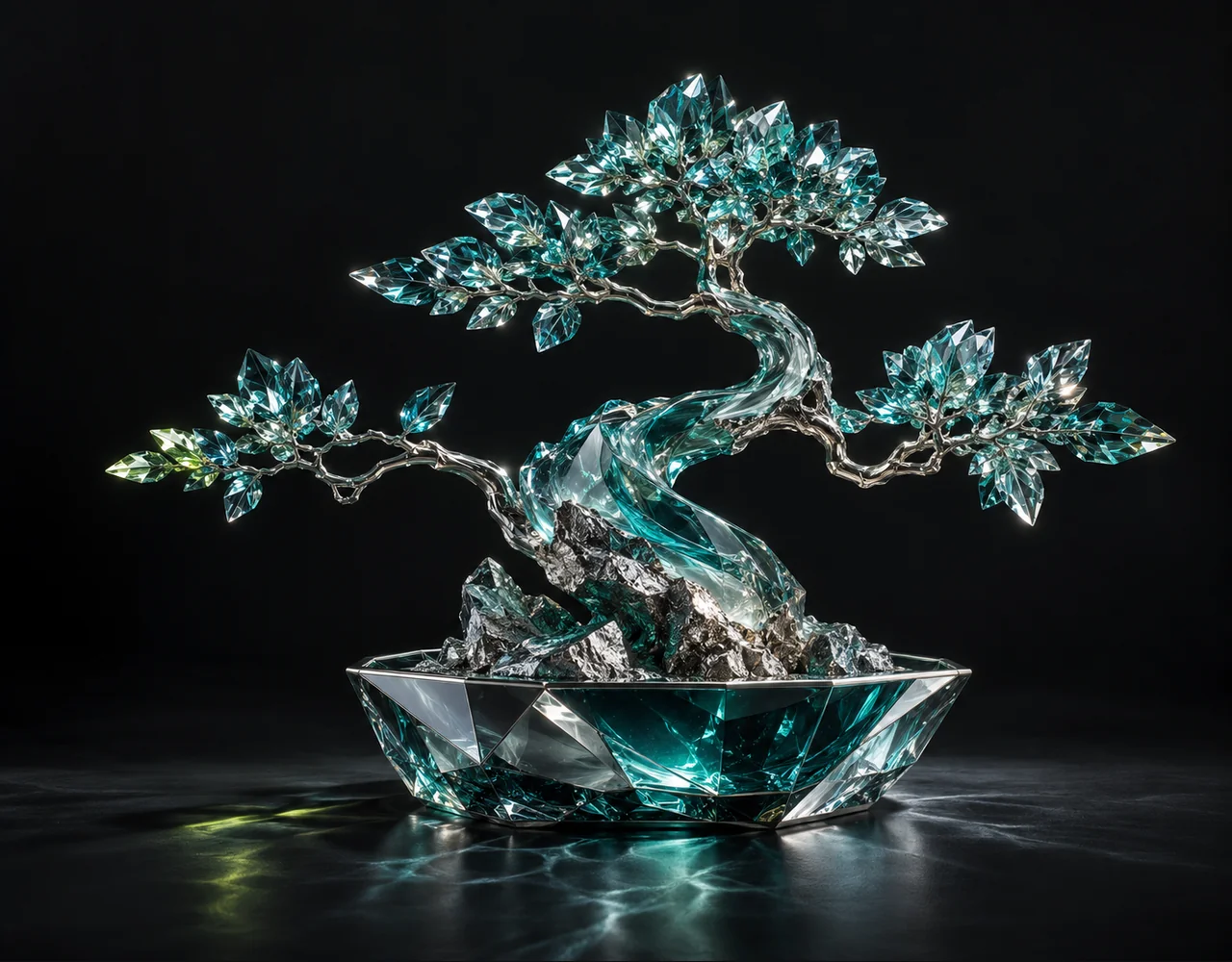 Bytedance Video Upscaler editorial cover: a finely faceted crystal whose coarse base becomes a crisp detailed sculptural bonsai, arising from a low geometric vessel