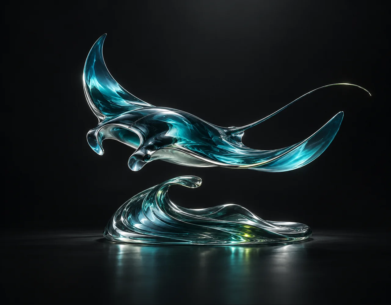 Seedance 1 Lite editorial cover: a flowing manta ray following one continuous elegant motion curve, resting above one soft sculptural ripple