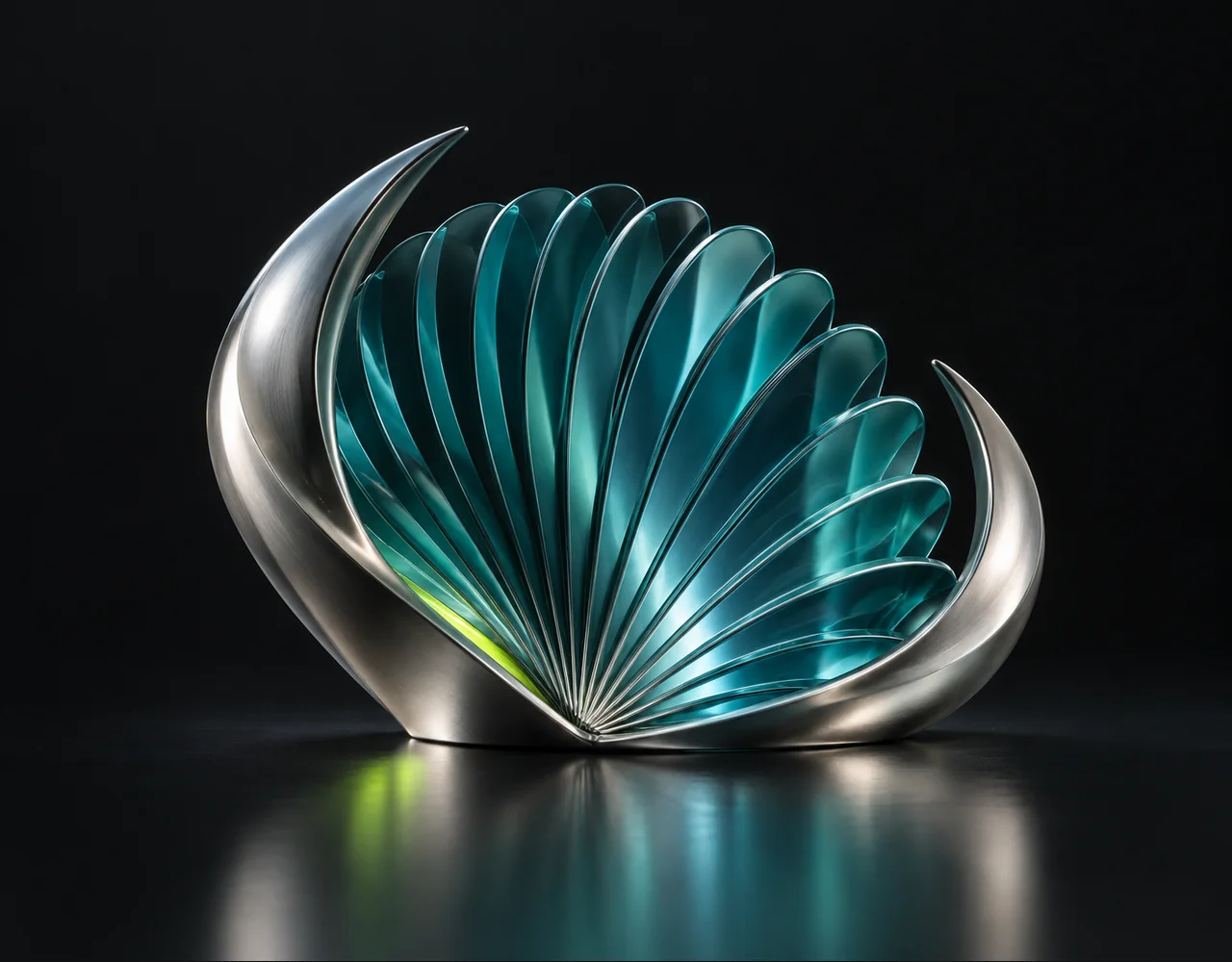 Uso editorial cover: a tactile architectural fan, embraced by two quiet curved metallic fins
