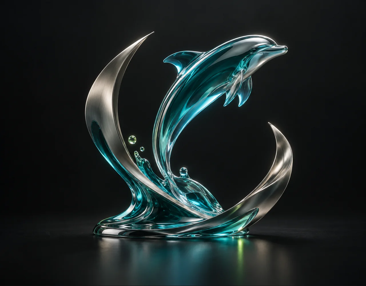 Waver 1 editorial cover: a leaping dolphin following one continuous elegant motion curve, embraced by two quiet curved metallic fins
