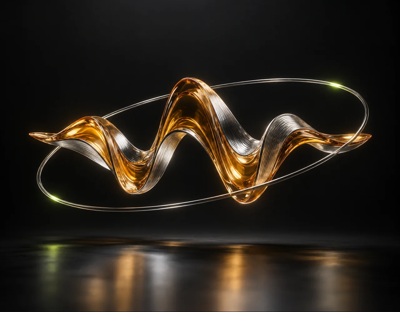 ElevenLabs Dubbing editorial cover: a floating sound ribbon exchanging one continuous glass sound contour, floating within a thin offset optical ring