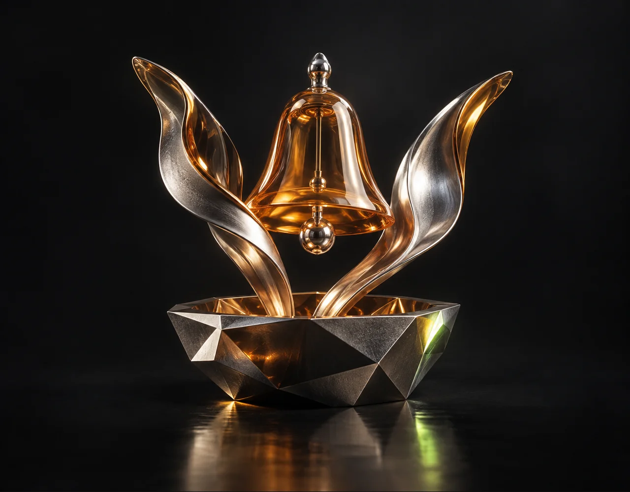 ElevenLabs Multilingual 2 editorial cover: a sculptural bell, arising from a low geometric vessel