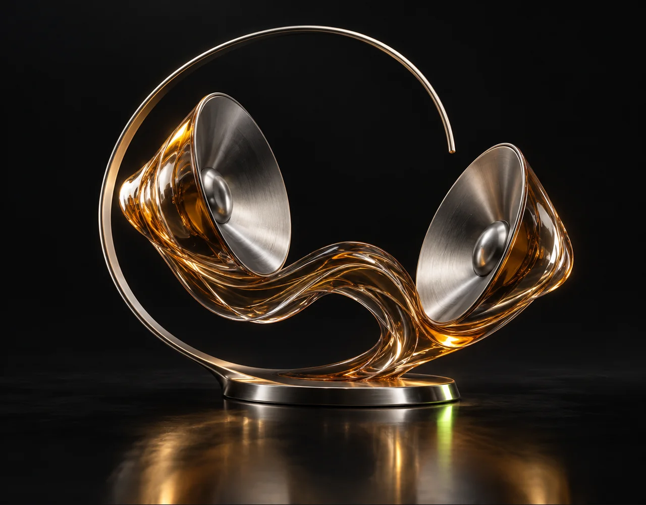 ElevenLabs Music editorial cover: a paired sound cones with a flowing rhythmic glass contour, framed by one incomplete slender arch