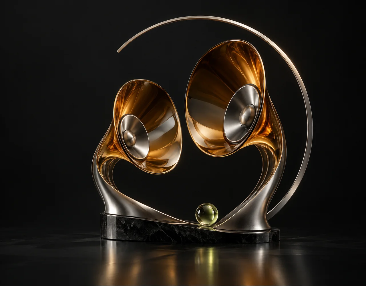 ElevenLabs Turbo 2.5 editorial cover: a paired sound cones, framed by one incomplete slender arch