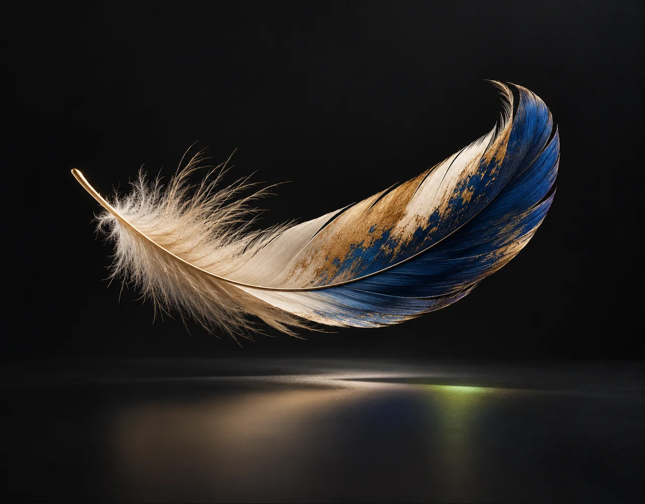 Exactly Bright Pulse editorial cover: a tactile curved feather, suspended over a single flat satin plane
