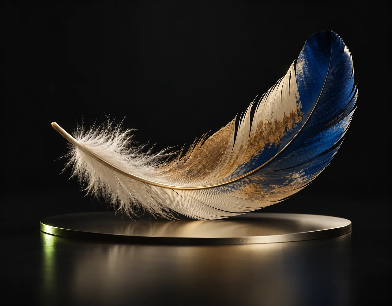 Exactly Extreme Contrast editorial cover: a tactile curved feather, suspended over a single flat satin plane