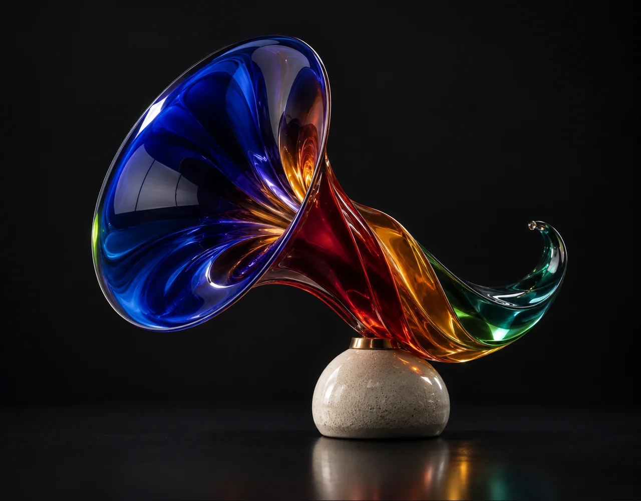 Gemini 2.5 Pro editorial cover: a sculptural acoustic horn, balanced on a small contrasting ceramic plinth