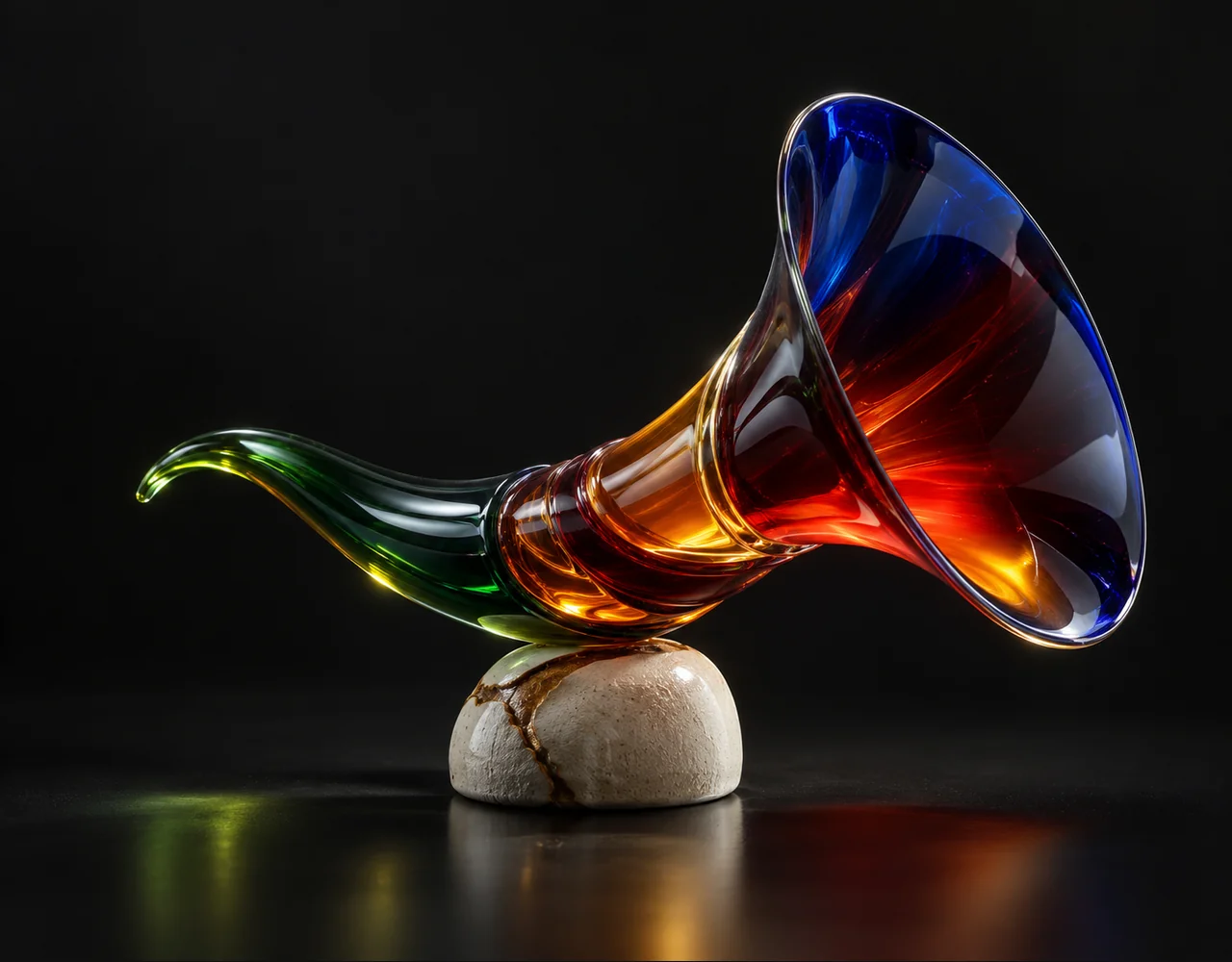 Gemini 3.8 Flash editorial cover: a sculptural acoustic horn, balanced on a small contrasting ceramic plinth