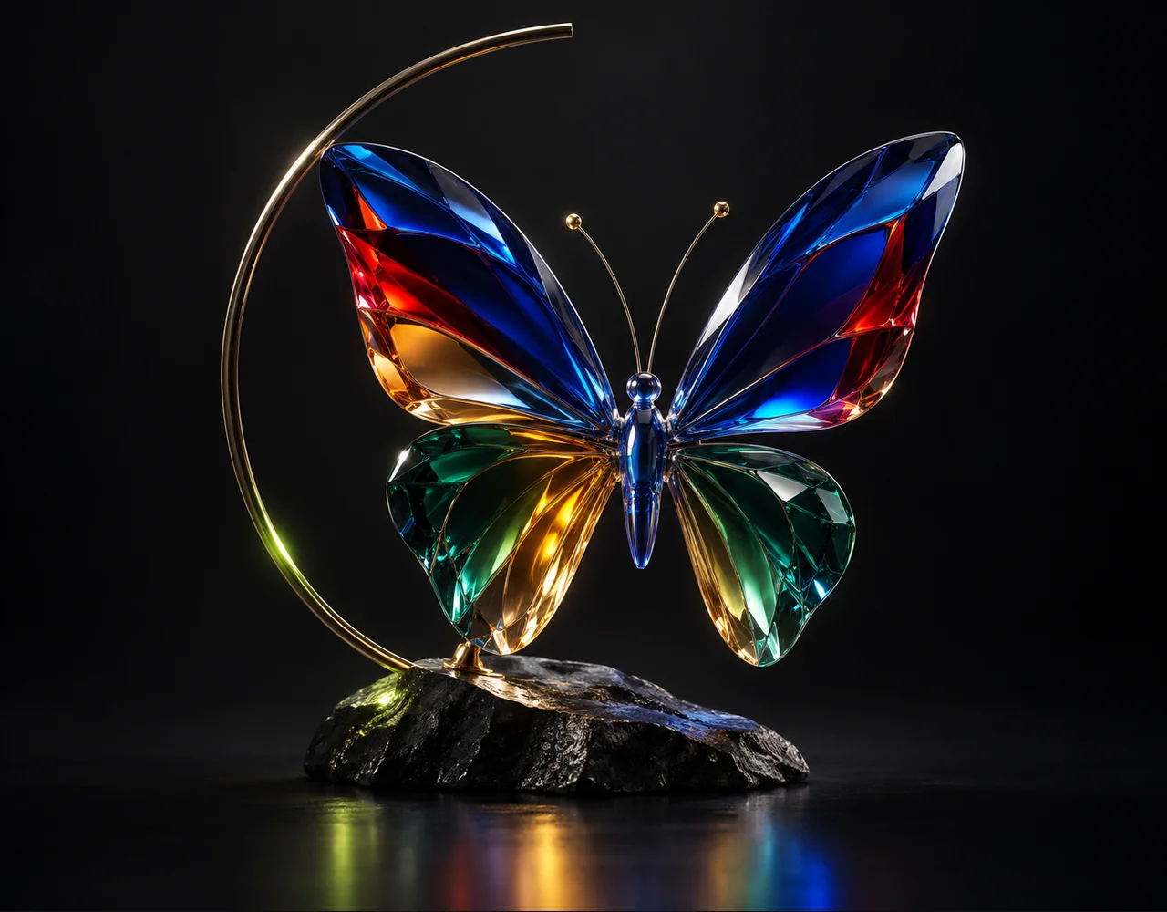 Imagen 4 Fast editorial cover: a tactile optical butterfly, framed by one incomplete slender arch