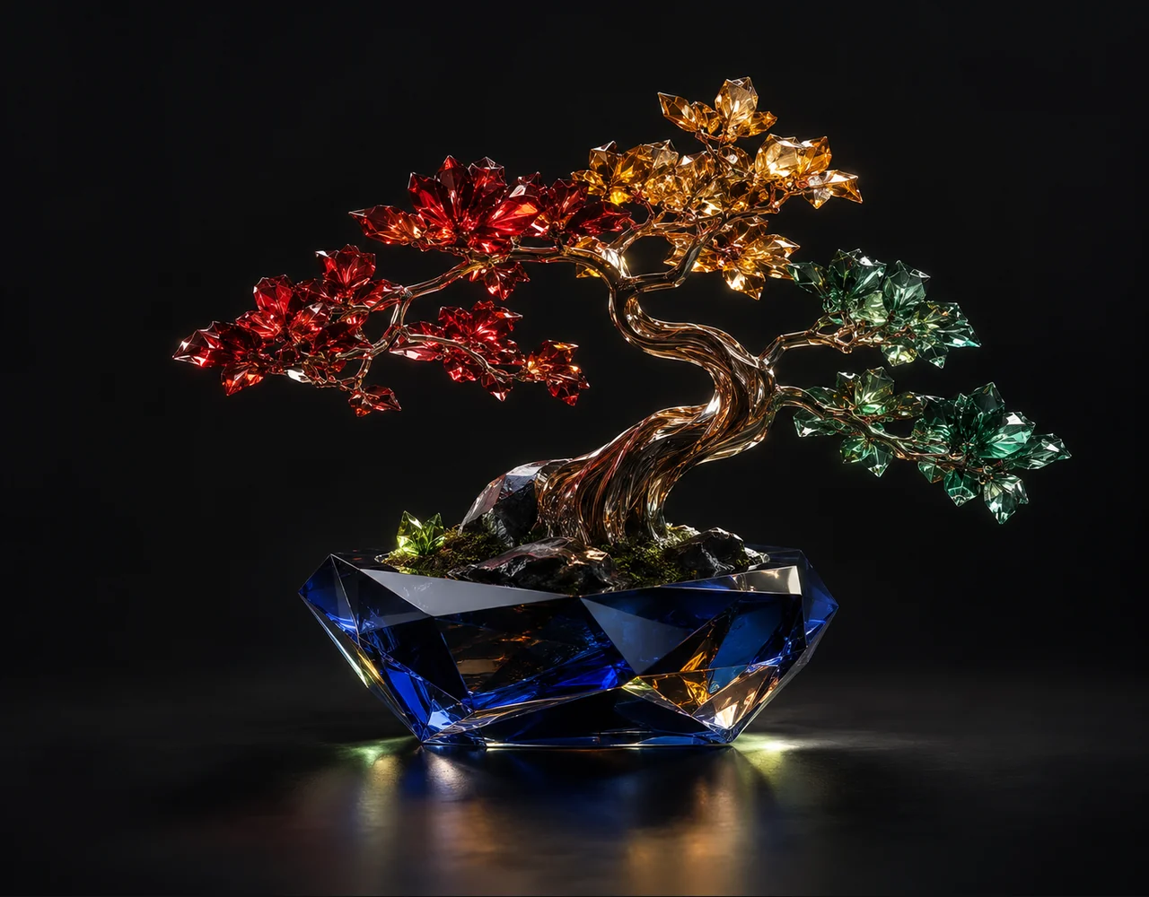 Imagen 4 editorial cover: a tactile sculptural bonsai, arising from a low geometric vessel