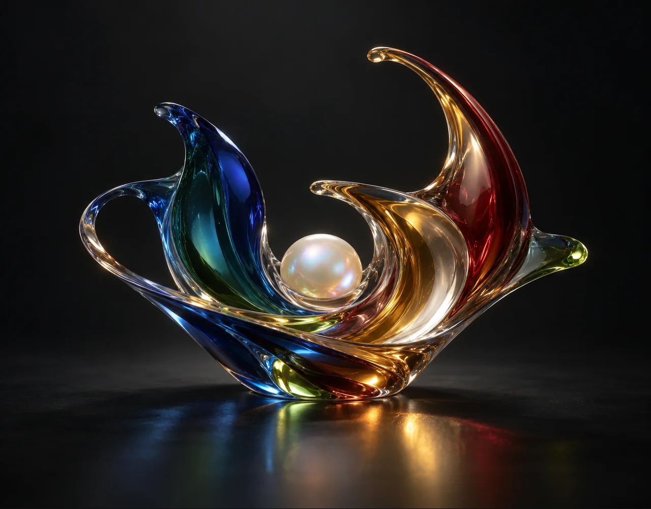 Lyria 3 Clip editorial cover: a glass resonance vessel with a flowing rhythmic glass contour, curving around a small pearl core