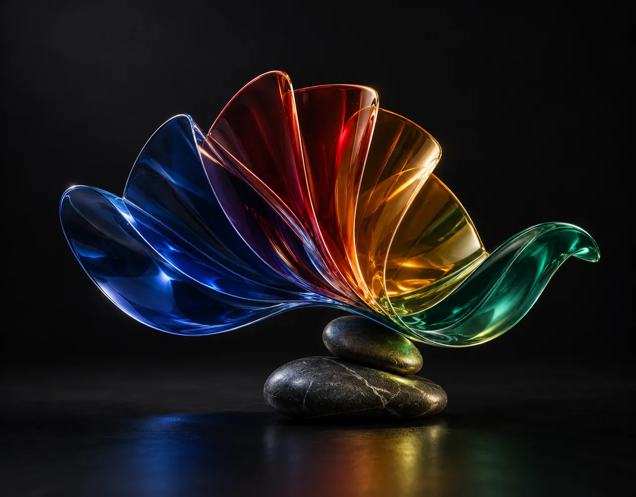 Lyria 3 Pro editorial cover: a a layered folded sound fan with a flowing rhythmic glass contour, balanced over two low contrasting pebbles
