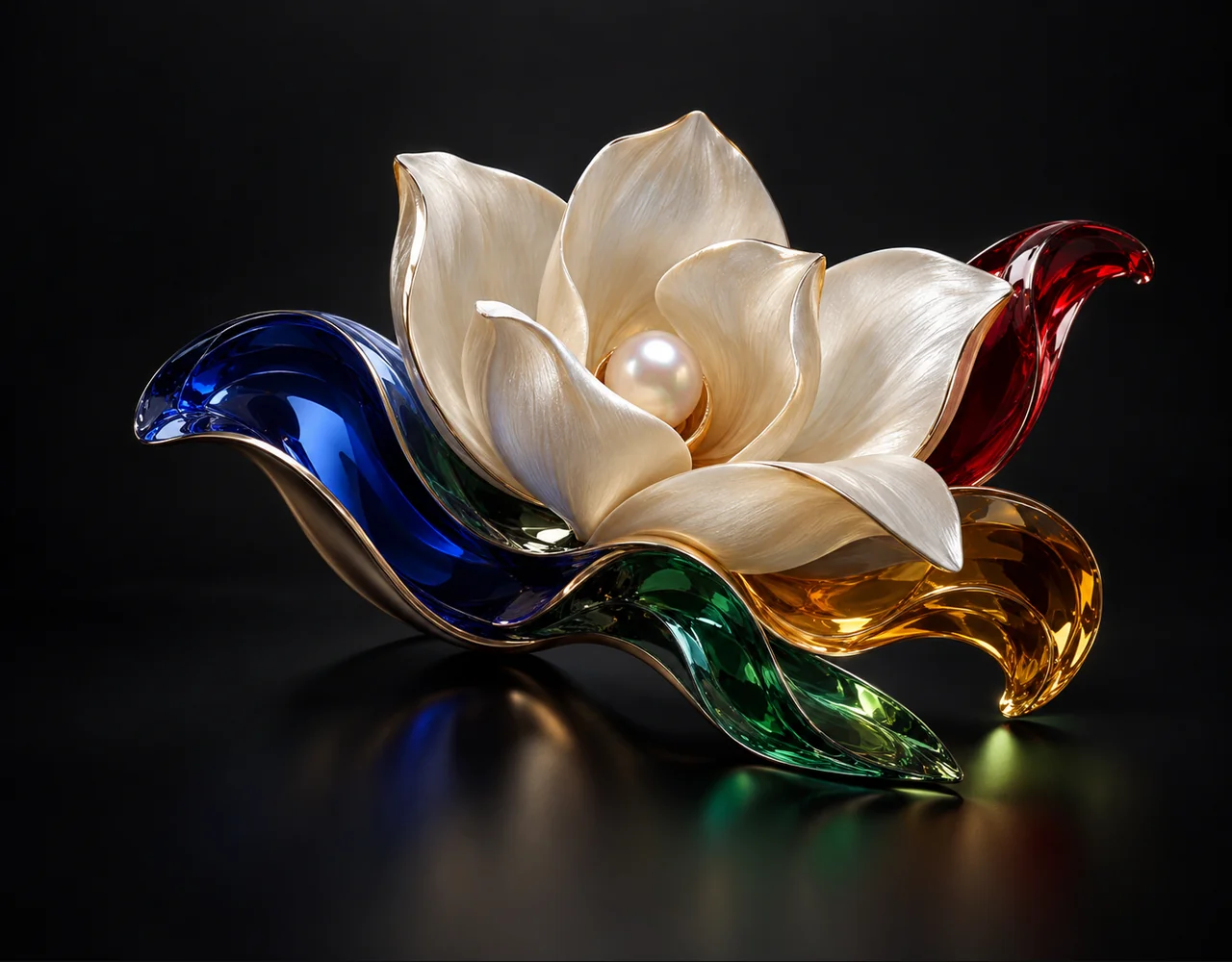 Nano Banana editorial cover: a tactile folded magnolia, curving around a small pearl core
