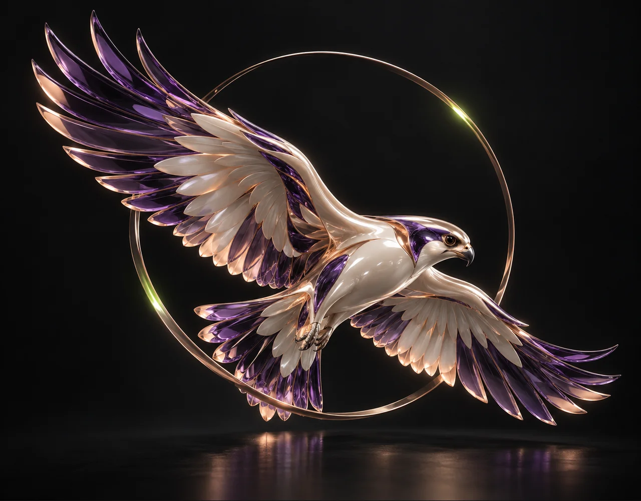 Heygen Avatar Iv editorial cover: a banking falcon following one continuous elegant motion curve, floating within a thin offset optical ring