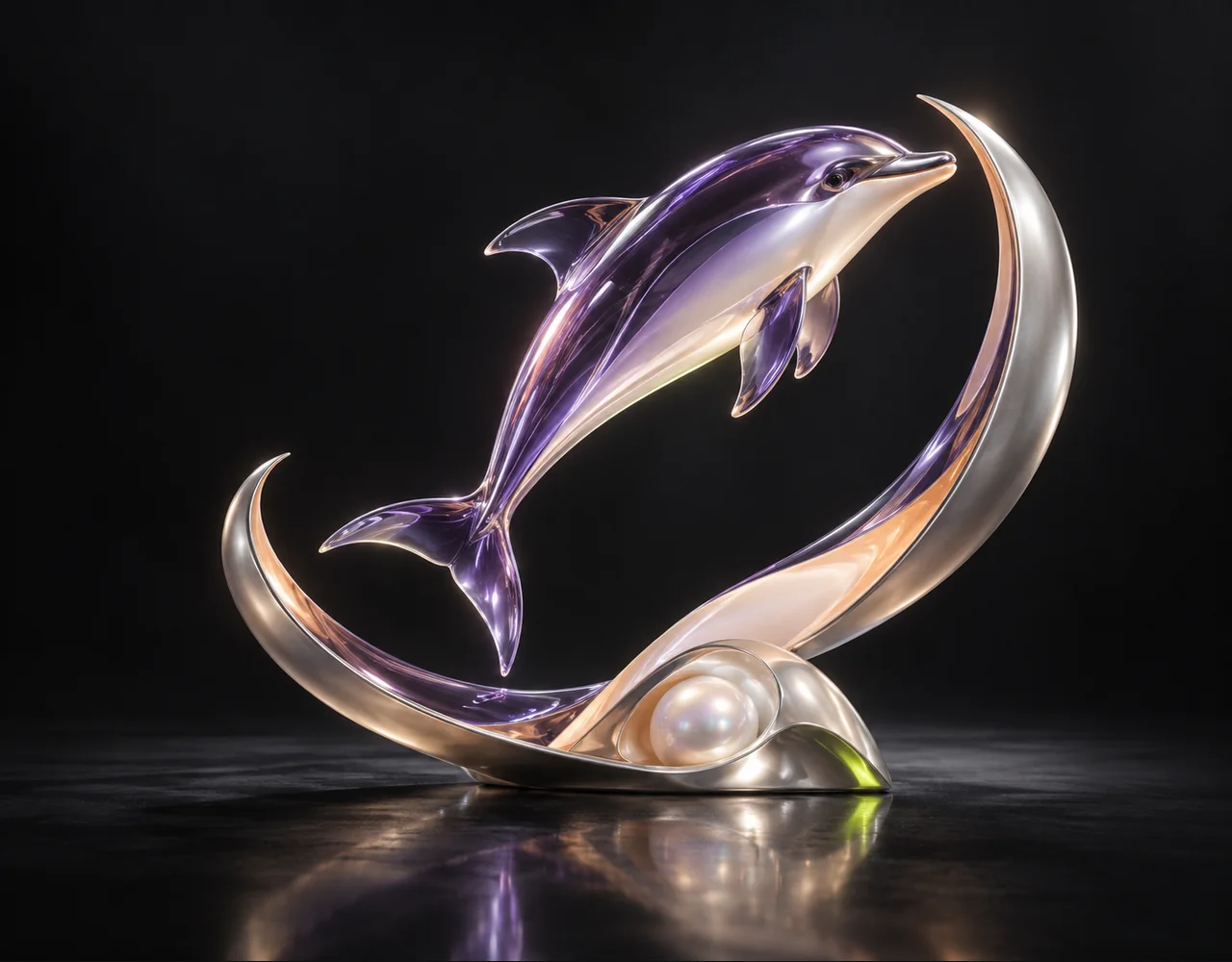 Heygen Avatar V editorial cover: a leaping dolphin following one continuous elegant motion curve, embraced by two quiet curved metallic fins