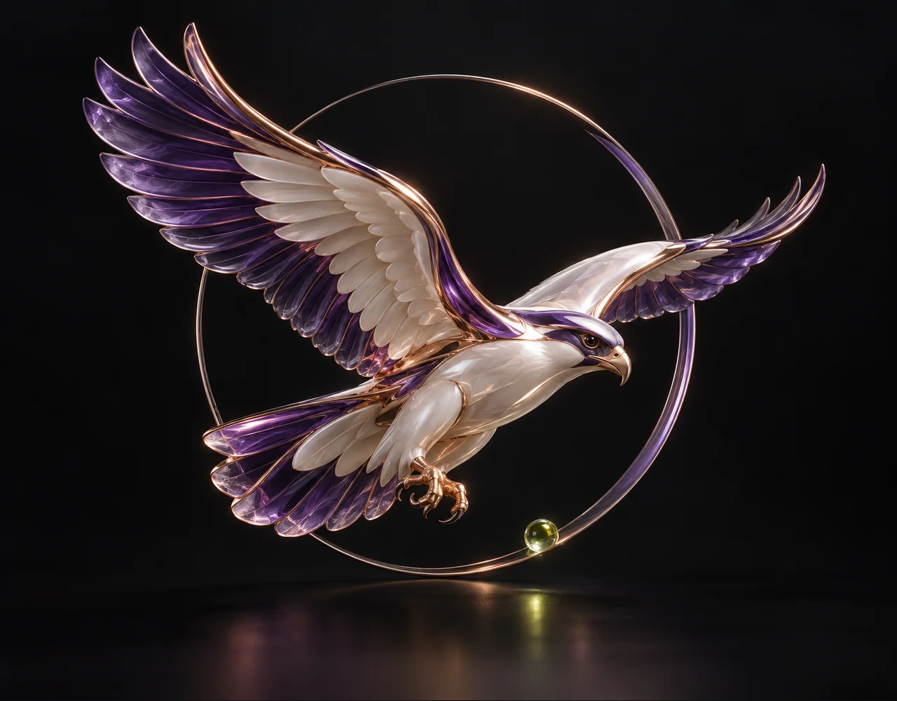Heygen Video 1 editorial cover: a banking falcon following one continuous elegant motion curve, floating within a thin offset optical ring